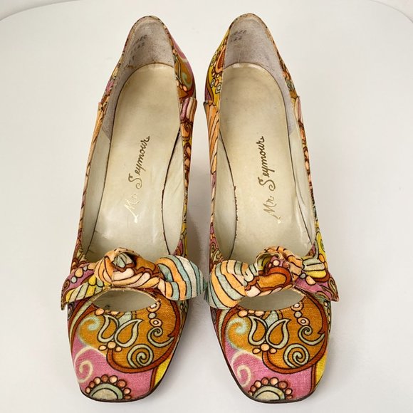 MR SEYMOUR Vintage 60's 70's Psychedelic Floral Bow Pumps Size 10AA RARE - Picture 5 of 15